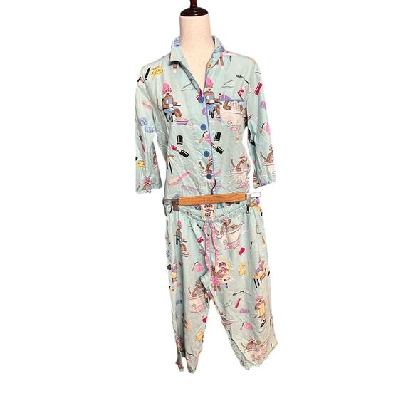 Nick & Nora 2 Piece Sock Monkey Womens Blue Cosmetics Makeup  Pajama Set Size S - Picture 1 of 7